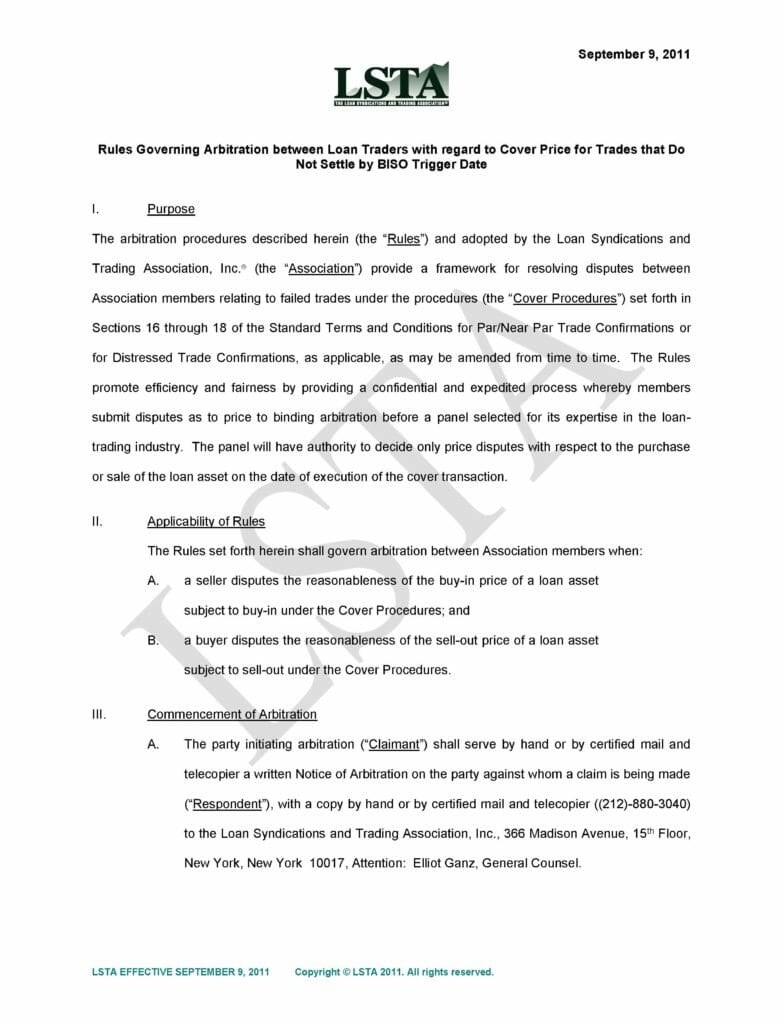 Rules Governing Arbitration Between Loan Traders (September 8, 2011)