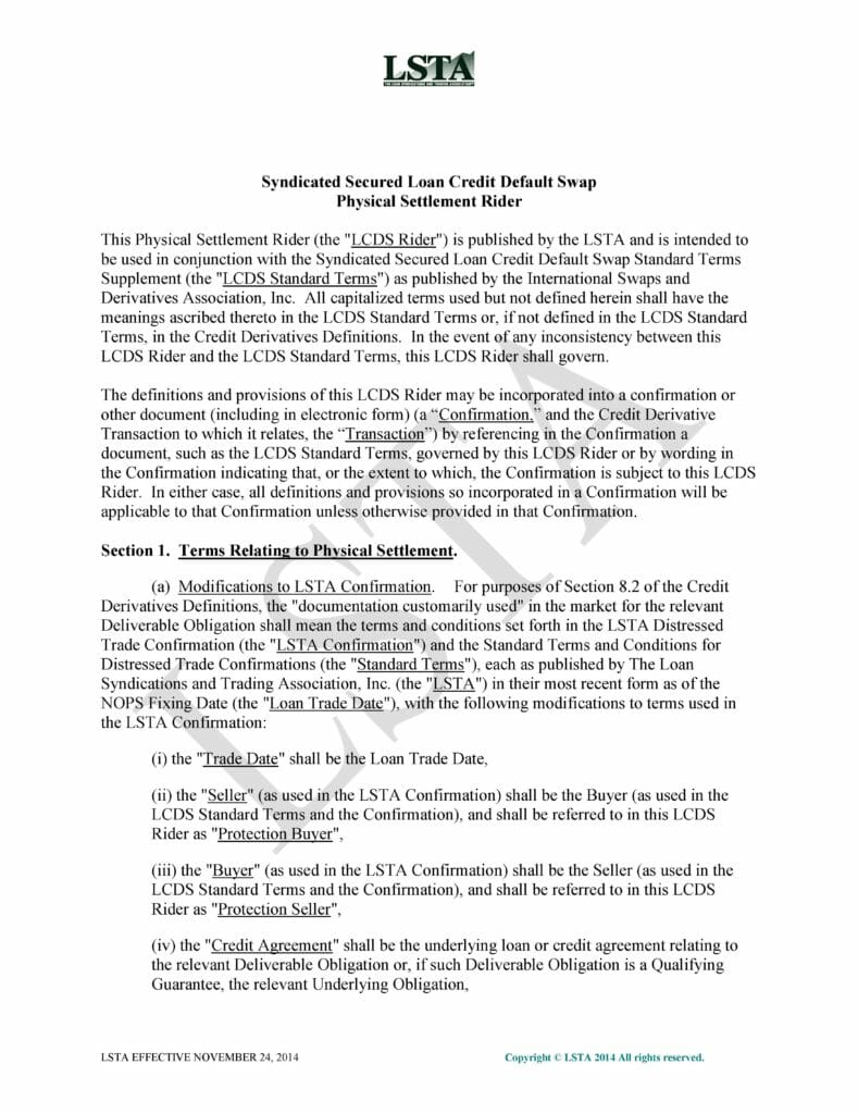 Pages from Syndicated Secured Loan Credit Default Swap Physical Settlement Rider Legacy (November 24, 2014)