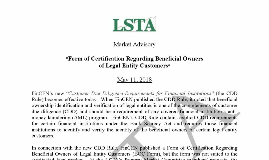 Form of Certification Regarding Beneficial Owners of Legal Entity Customers (May 11, 2018)