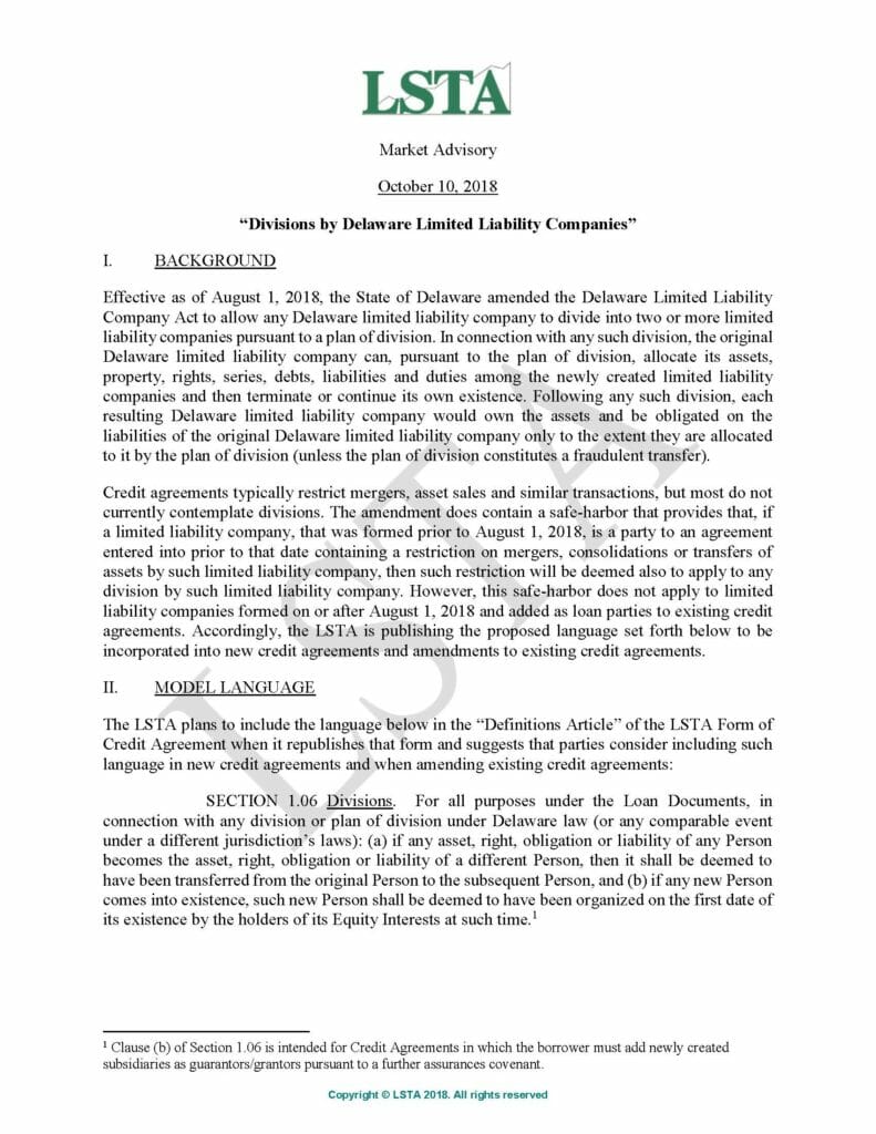 Divisons by Delaware Limited Liability Companies (October 10, 2018)