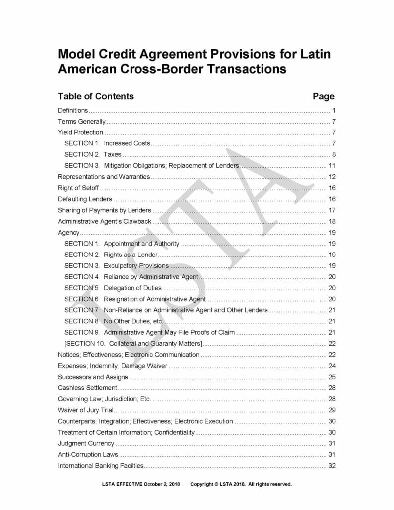 Model Credit Agreement Provisions for Latin American Cross-Border Transactions (October 2, 2018)