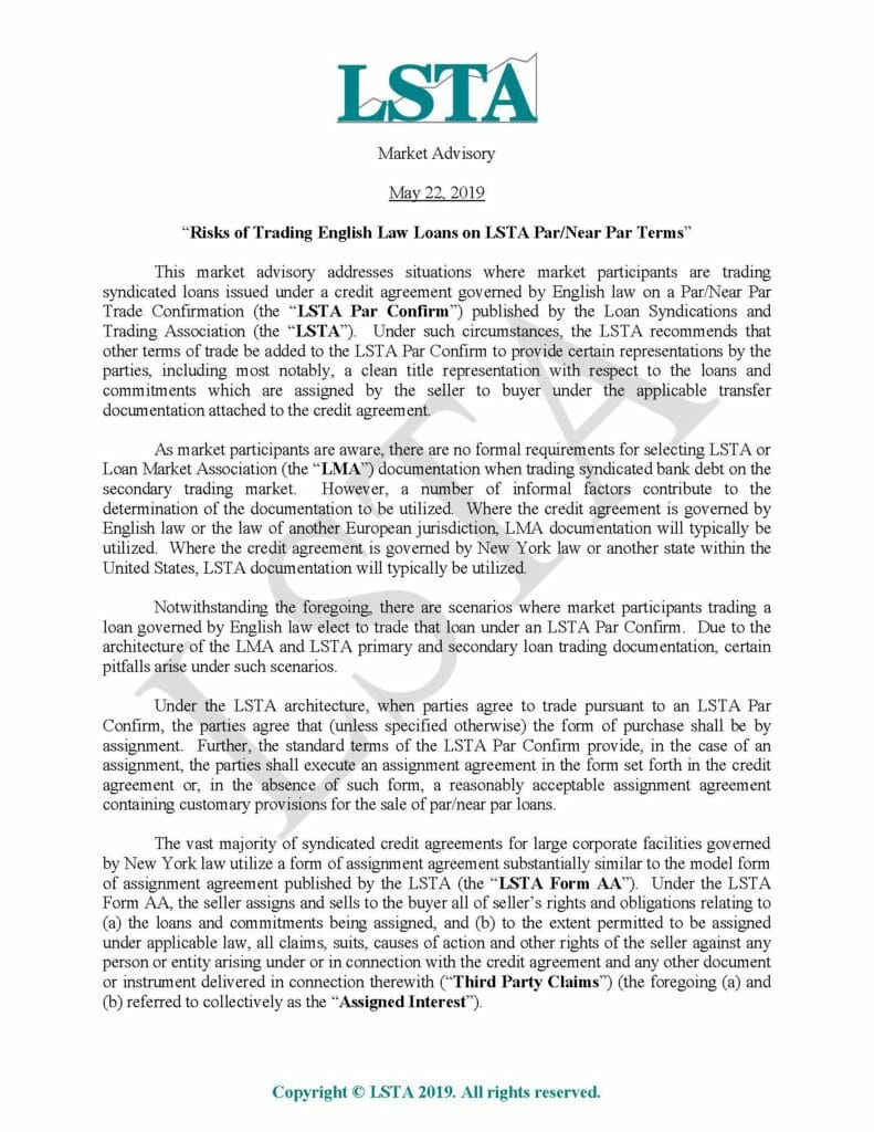 Pages from Trading English Law Governed Loans on LSTA Docs (May 22, 2019)