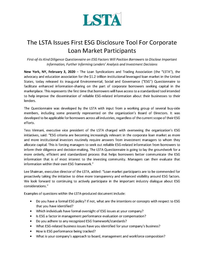 Pages from LSTA ESG Diligence Questionnaire (February 3, 2020)
