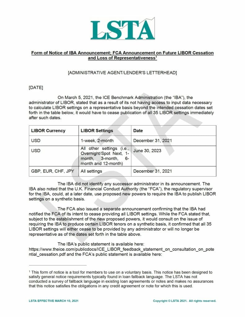 Notice of IBA and FCA Announcements (Mar 10 2021)