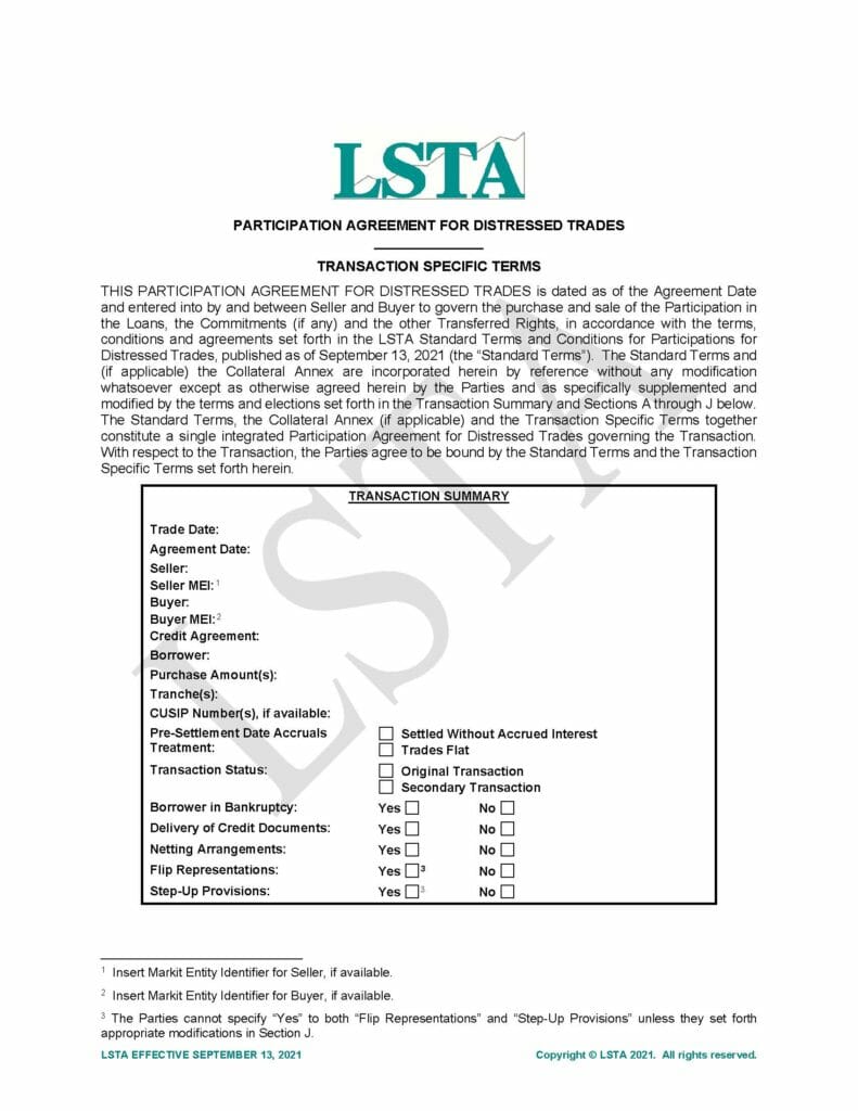 Distressed Participation Agreement TSTs (Sept 13 2021)