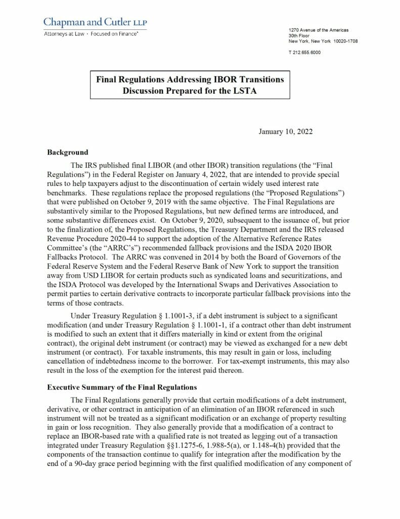 Chapman and Cutler LLP brief summary of the Final IBOR Transition Regulations (Jan 10 2022)