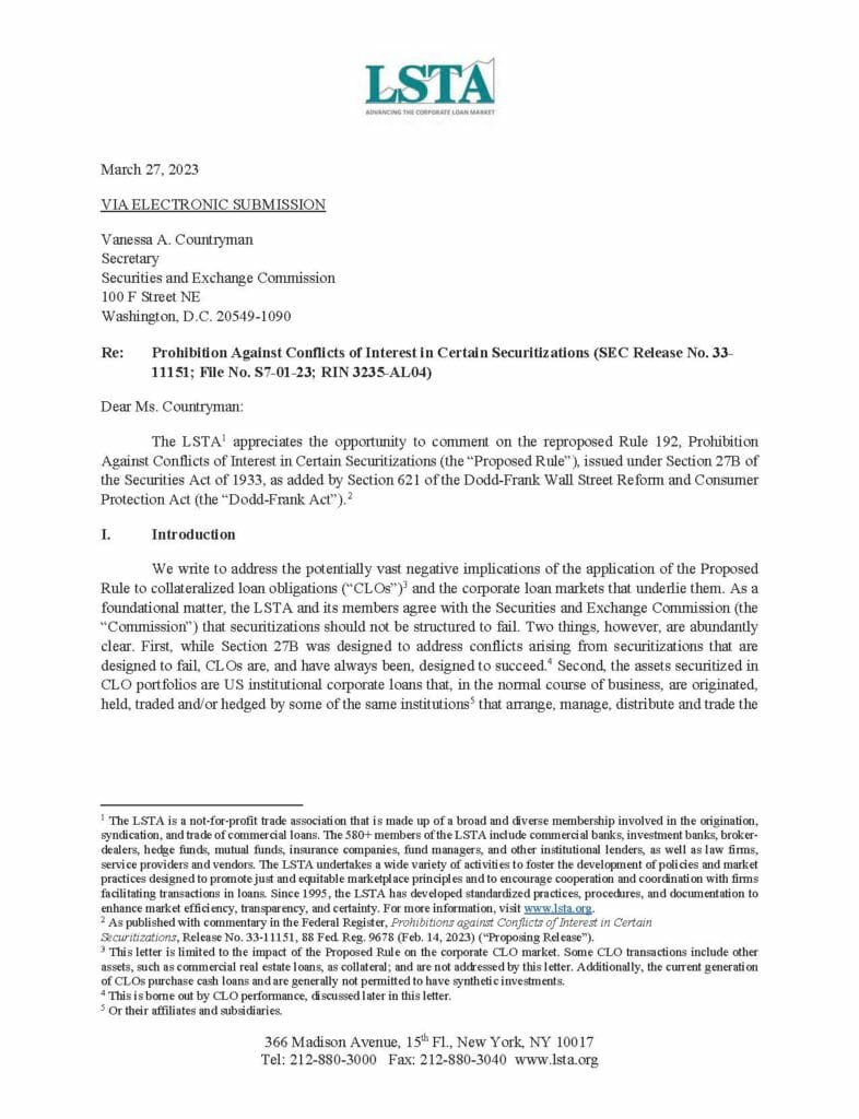 Pages from LSTA Comment Letter on Proposed Conflicts of Interest Rule (March 27 2023)