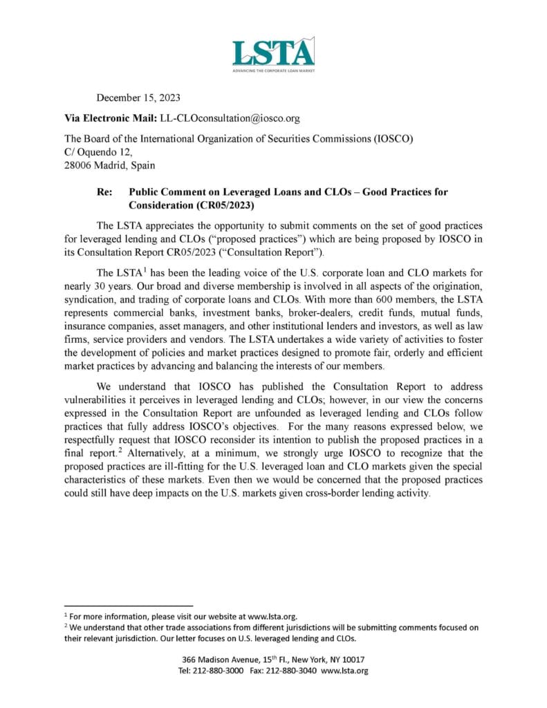 Complete Letter - LSTA Response to IOSCO Consultation on LL and CLOs