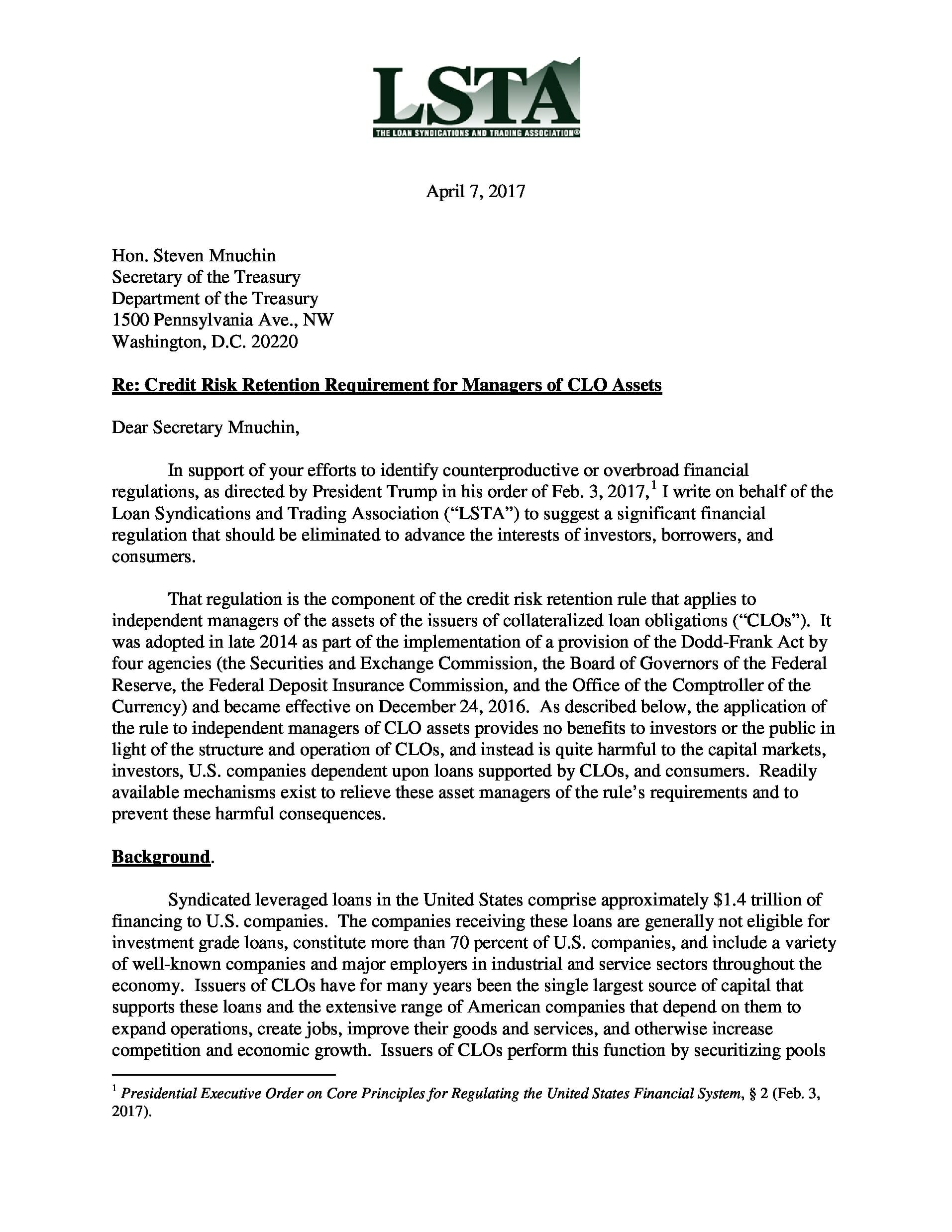 Risk Retention Letter to Treasury LSTA